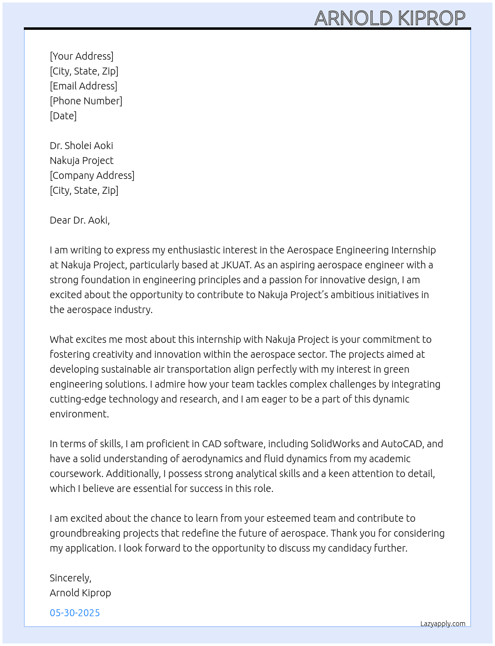 Aerospace engineering intern At Nakuja project  Cover Letter