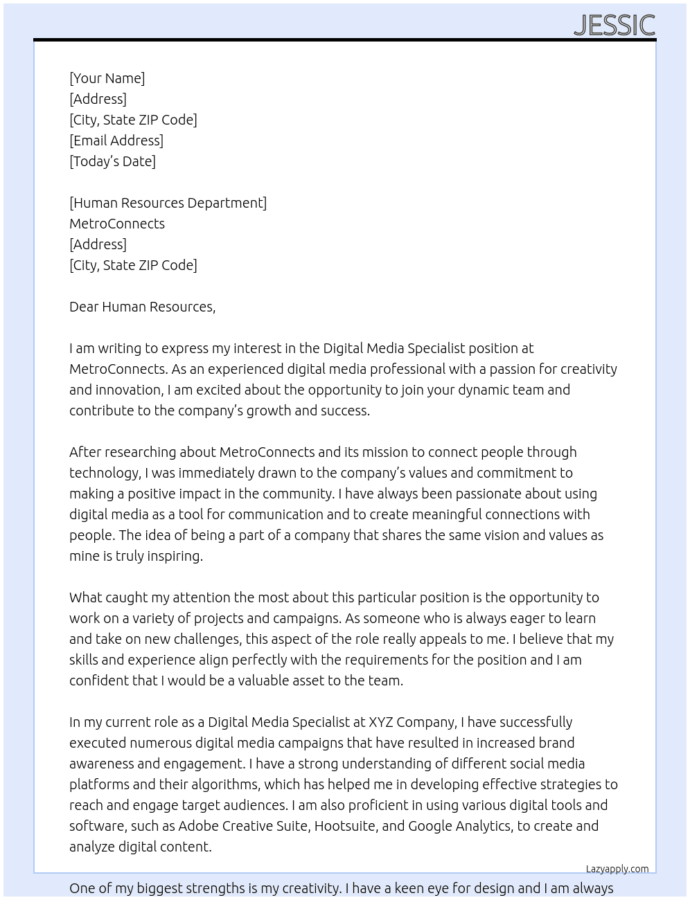 Digital Media Specialist At MetroConnects Cover Letter