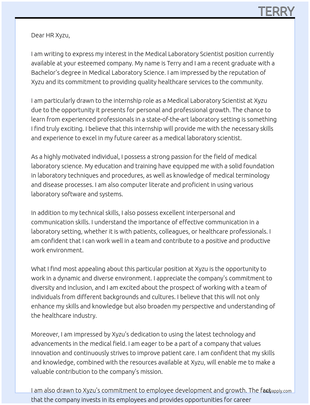medical laboratory scientist  At Xyzu Cover Letter