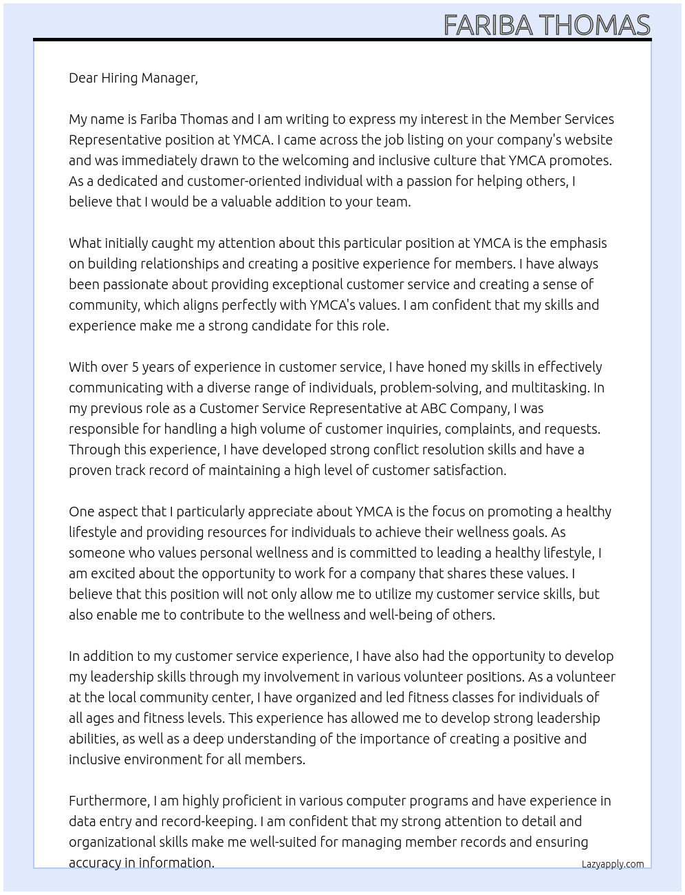 member services representative At ymca Cover Letter