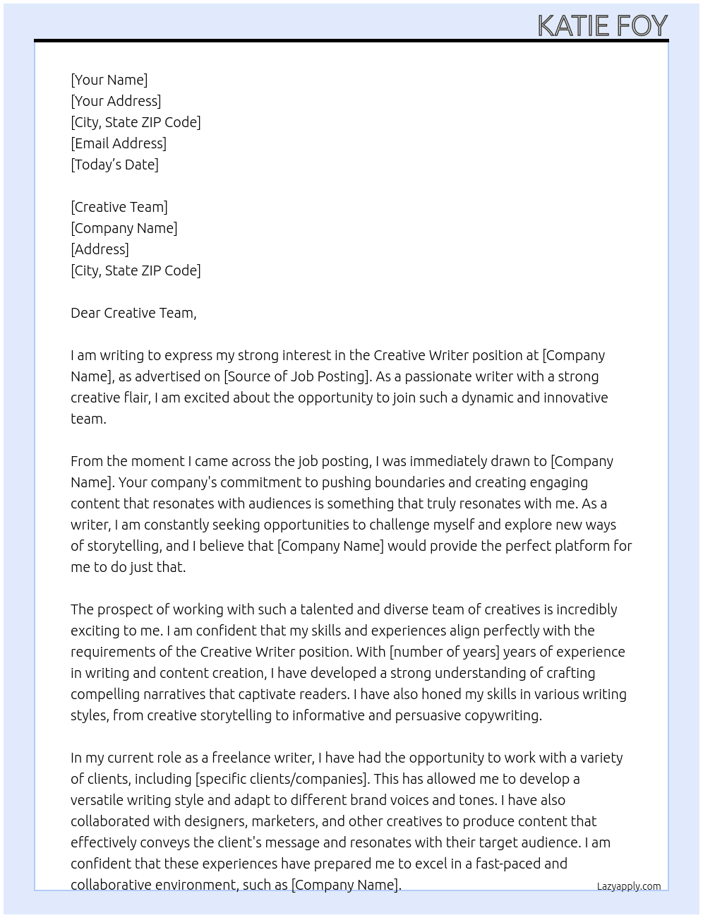 Creative Writer At General Cover Letter