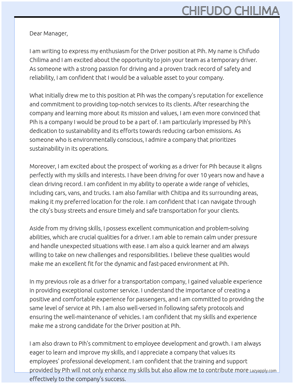 Driver At Pih Cover Letter
