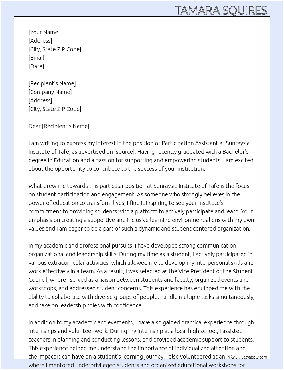 Participation Assistant At Sunraysia Institute of Tafe Cover Letter