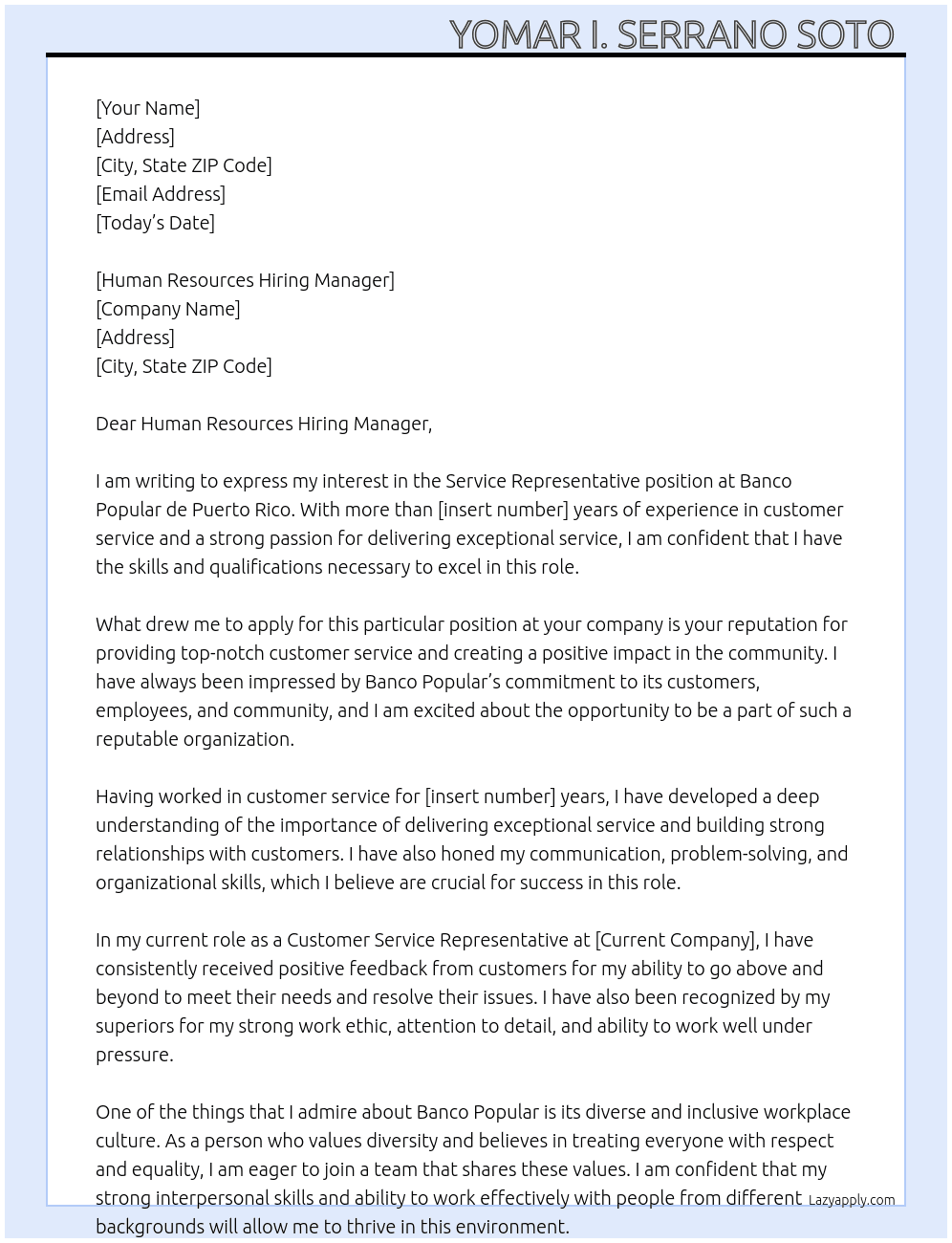 Service Representive At Banco Popular de Puerto Rico Cover Letter