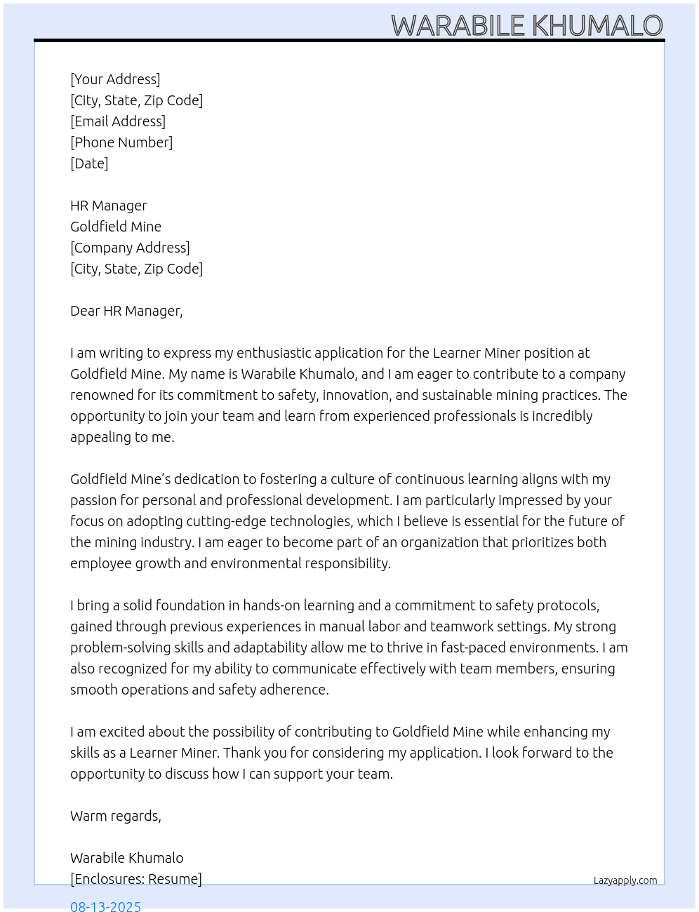 Learner miner At Goldfield mine Cover Letter