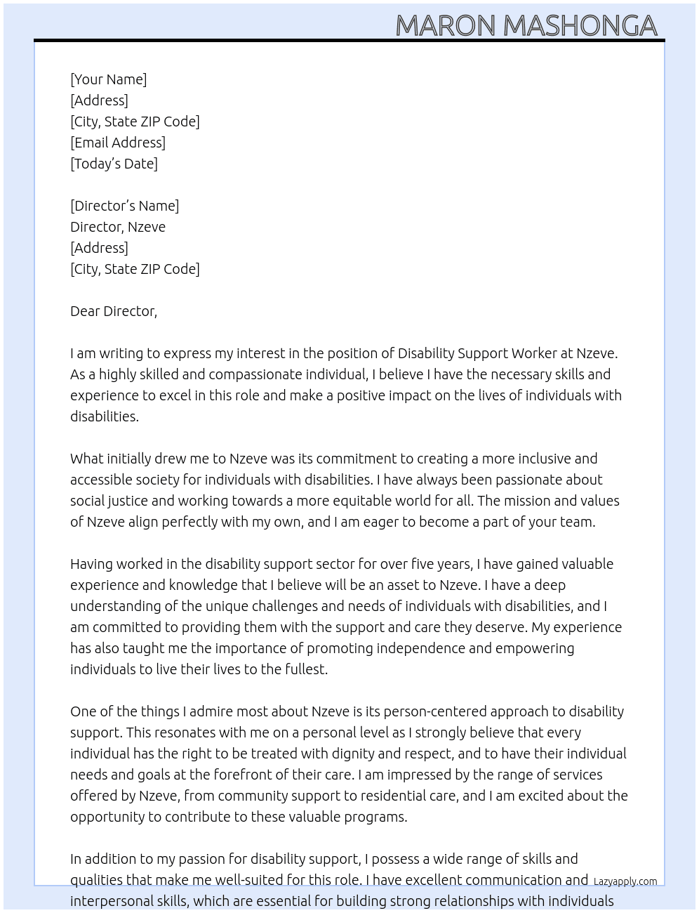 Dissability support Worker  At Nzeve Cover Letter