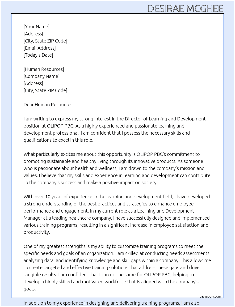 Director of Learning and Development At OLIPOP PBC Cover Letter