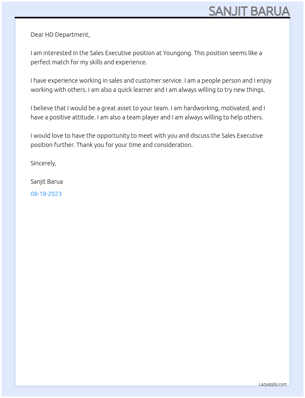 Sales Executive  At Youngong  Cover Letter