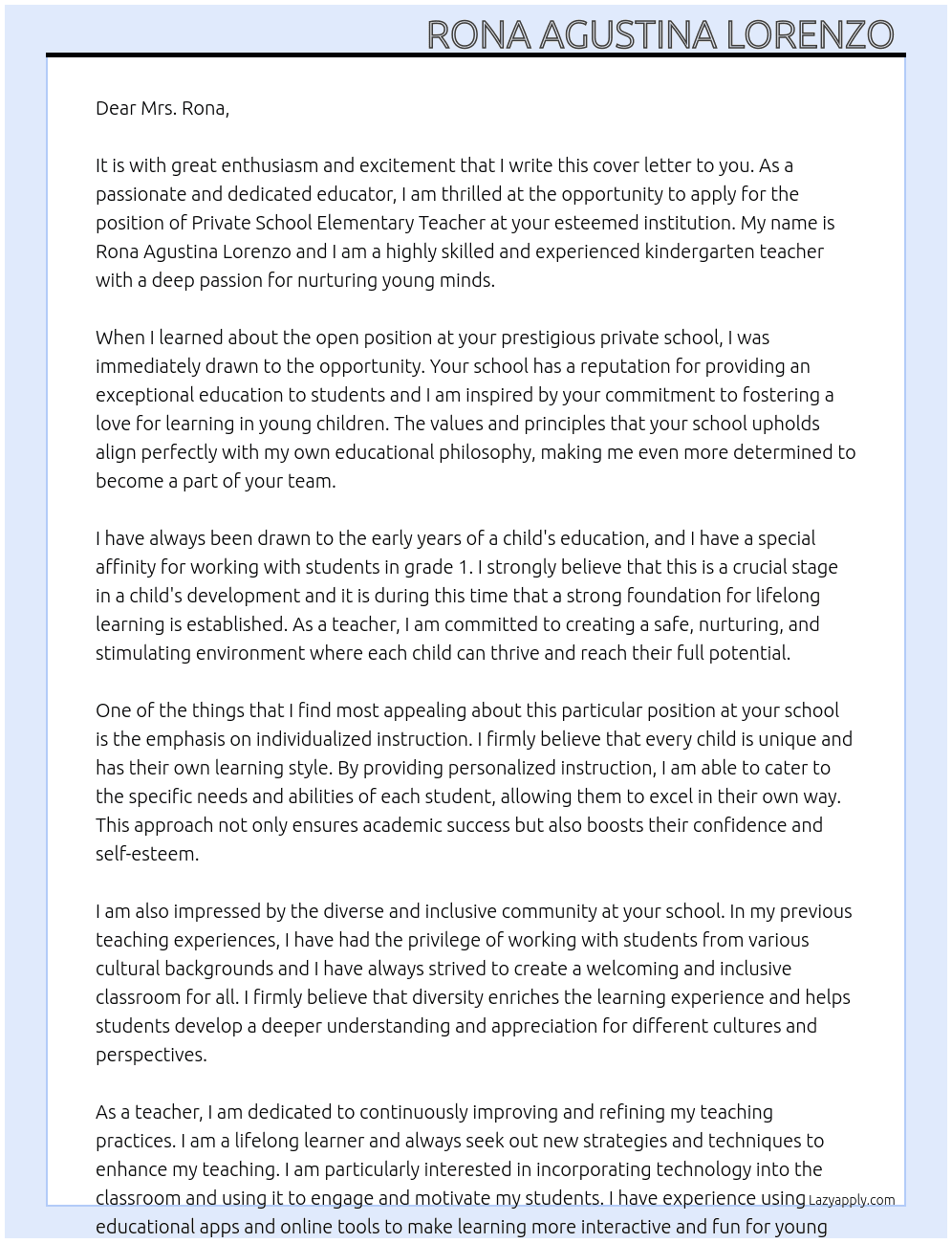 Private school elementary  At Private school  Cover Letter