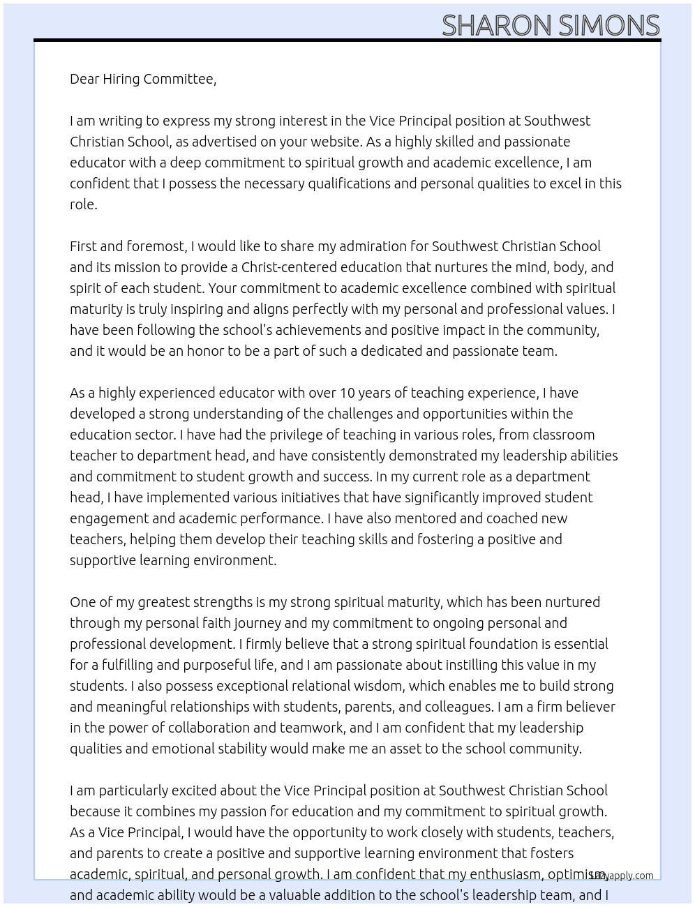 vice principal At southwest christian school Cover Letter