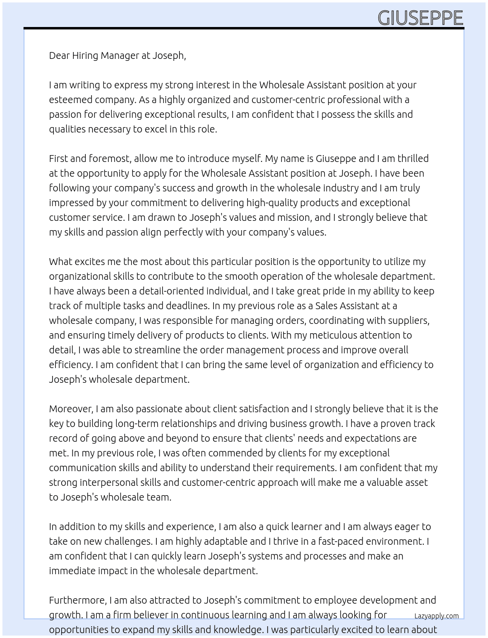 Wholesale assistant At Joseph  Cover Letter