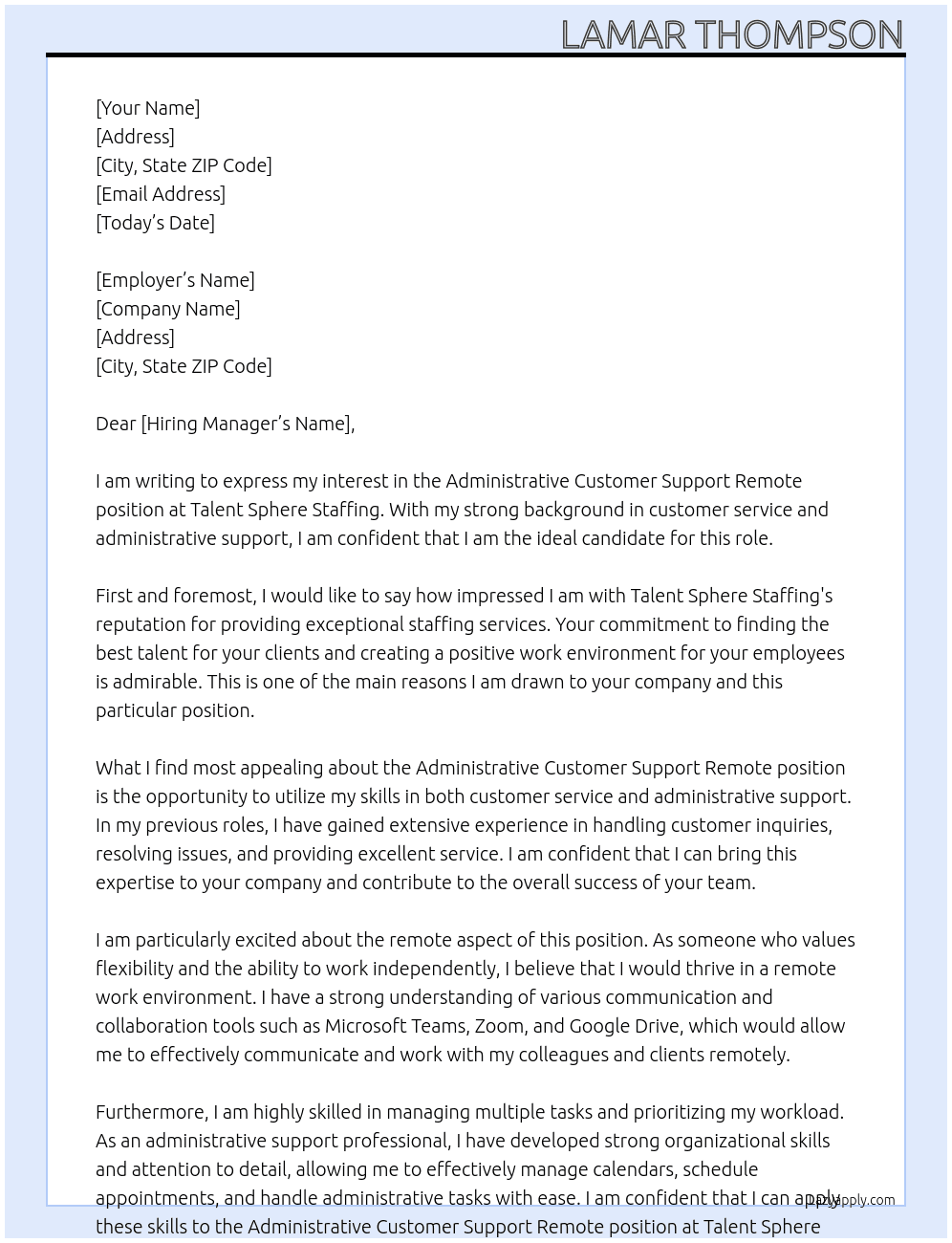 administrative customer support remote At Talent Sphere staffing Cover Letter