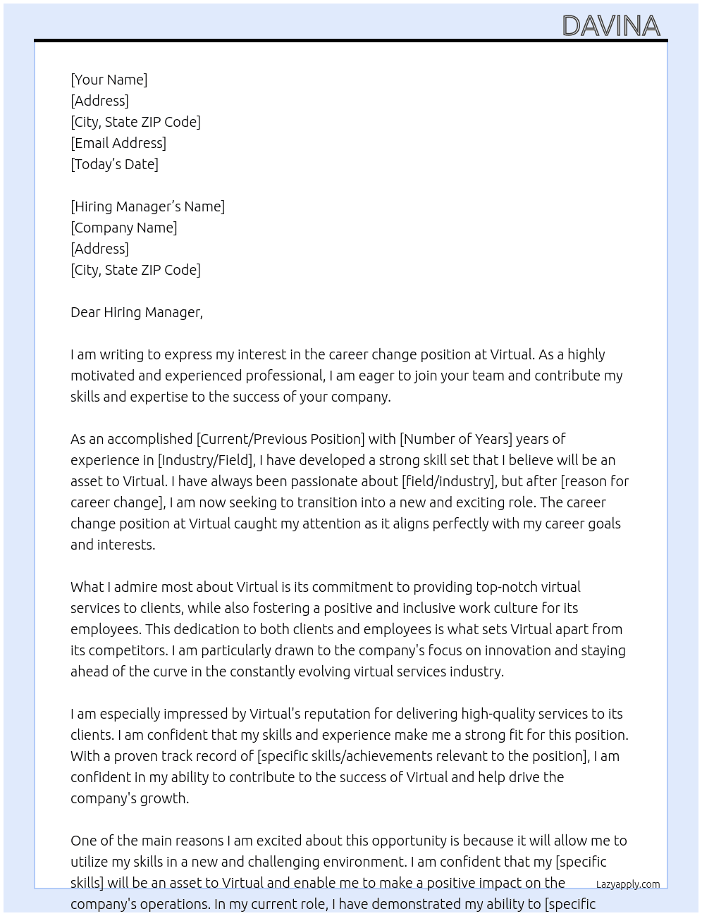 Career change  At Virtual  Cover Letter