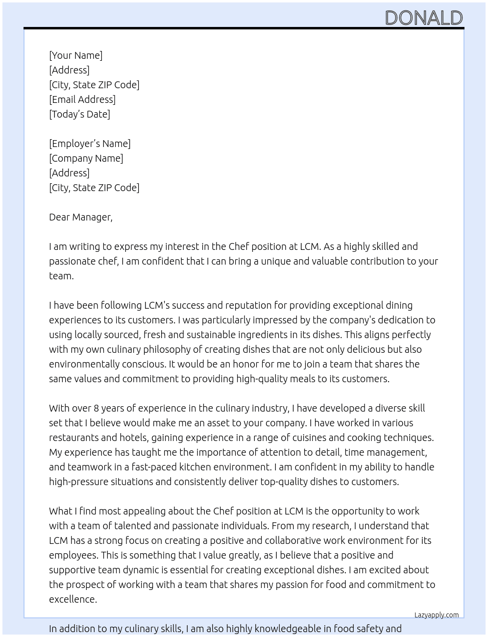 Chef At LCM  Cover Letter