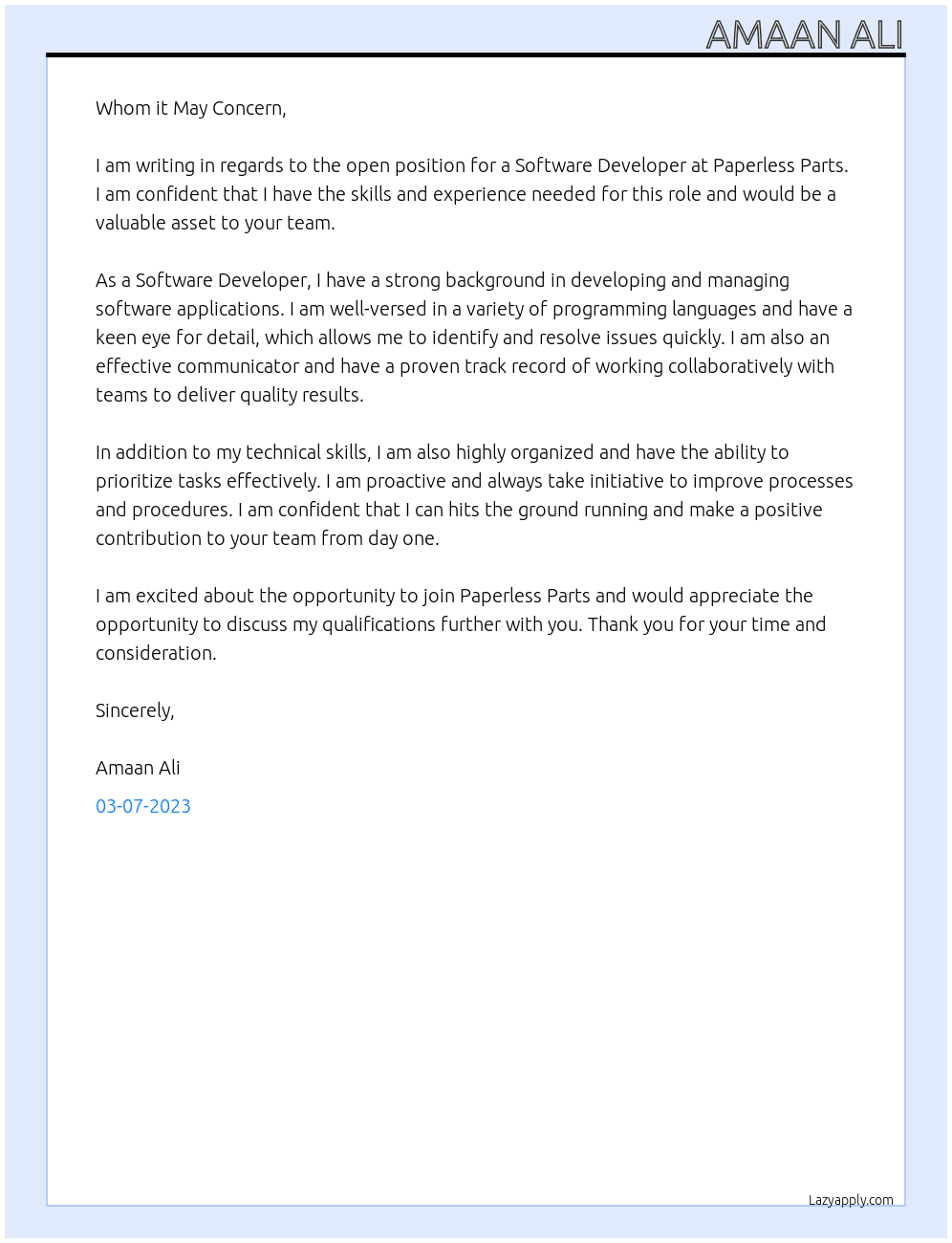 Software Developer At Paperless Parts Cover Letter