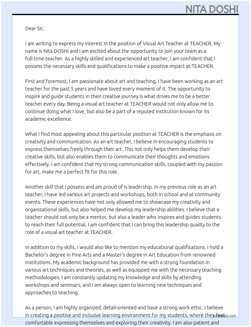 visual art teacher At TEACHER Cover Letter