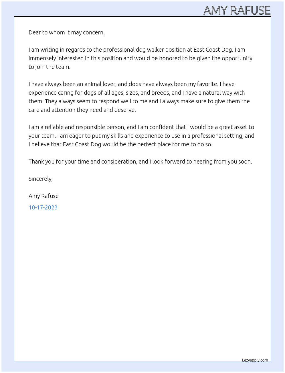 Professional Dog Walker At East Coast Dog Cover Letter