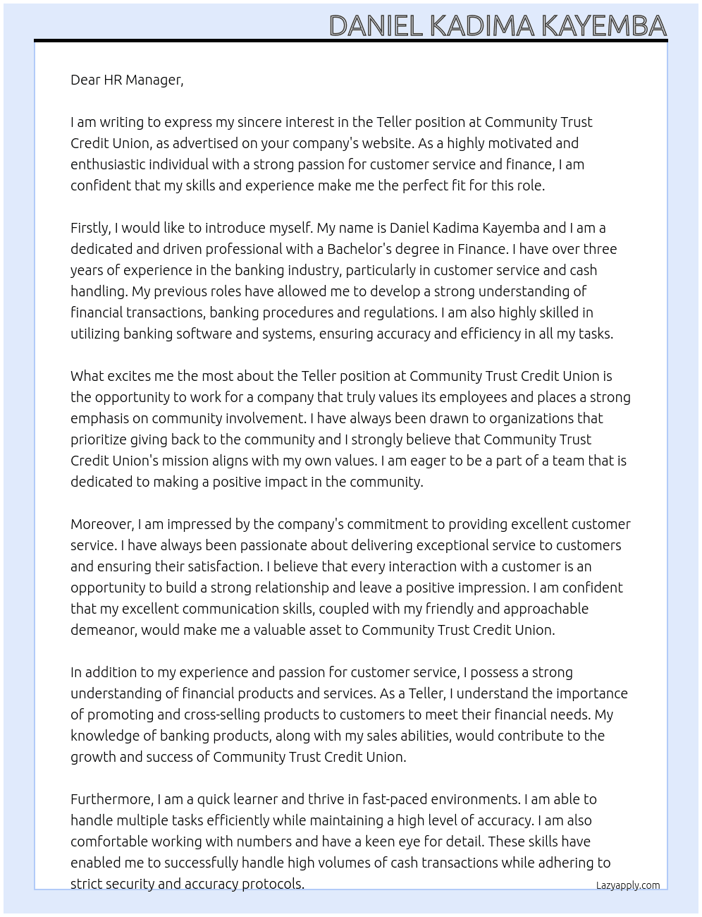 Teller At Community Trust Credit Union Cover Letter