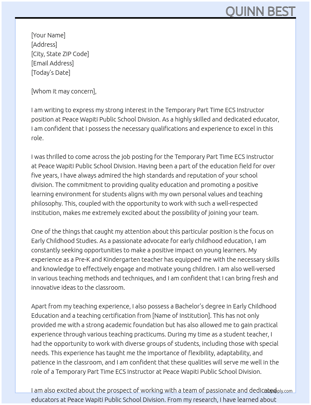 Temporary Part Time ECS Instructor At Peace Wapiti Public School Division Cover Letter