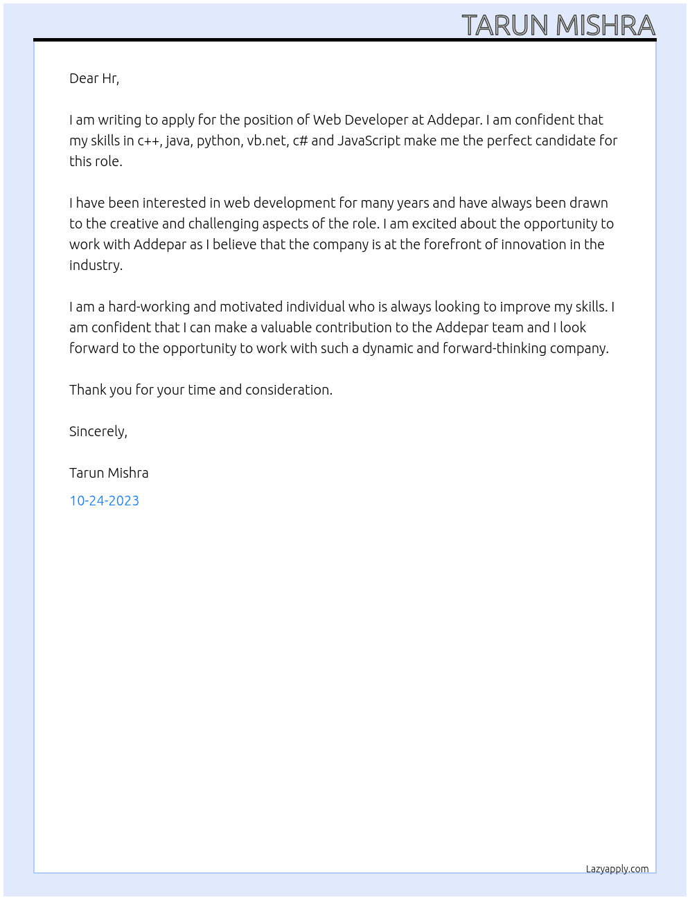 Web Developer At Addepar Cover Letter