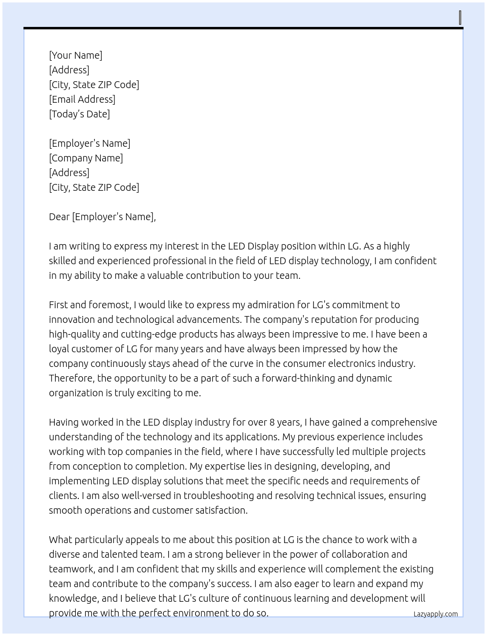 LED DISPLAY At LG Cover Letter