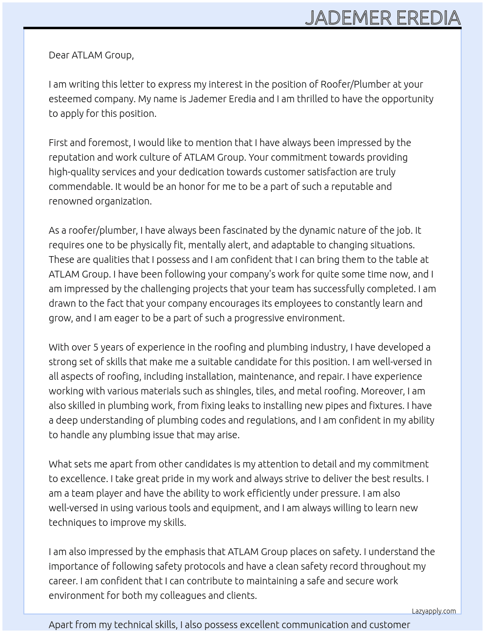 Roofer / plumber At ATLAM GROUP Cover Letter