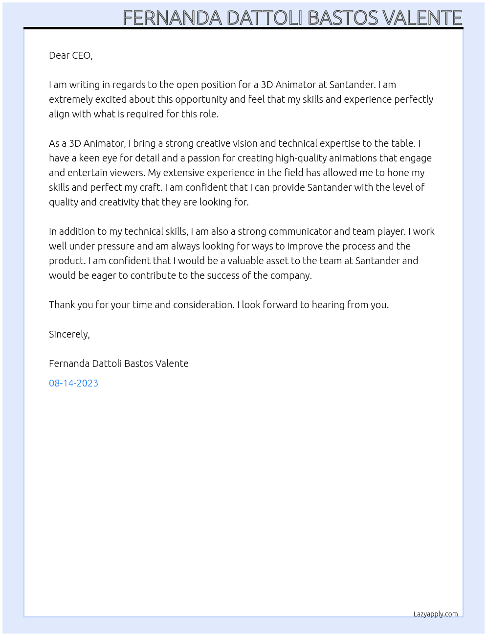 3d Animator At Santande Cover Letter