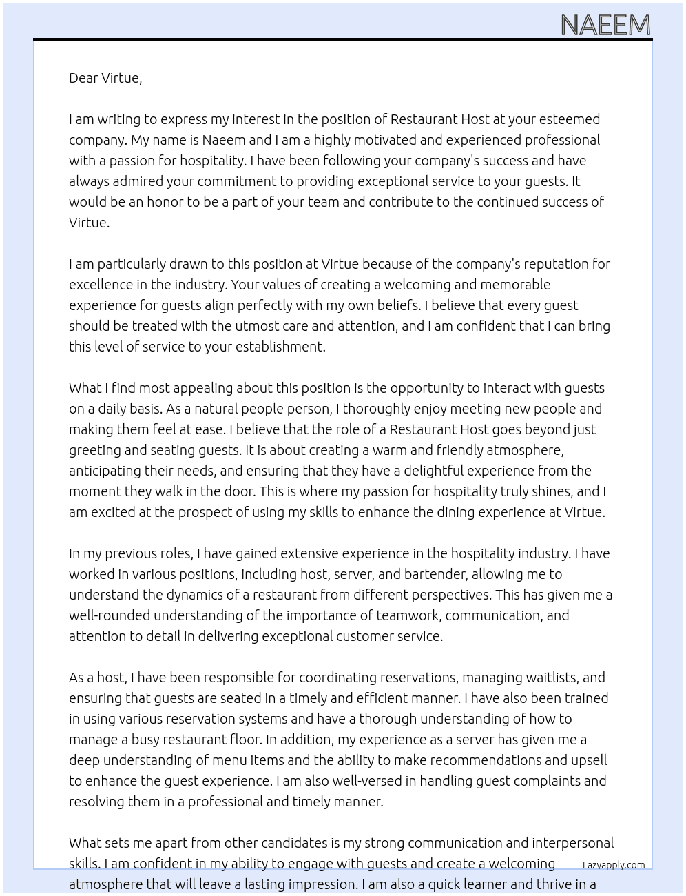 Resturant Host  At Virtue Cover Letter