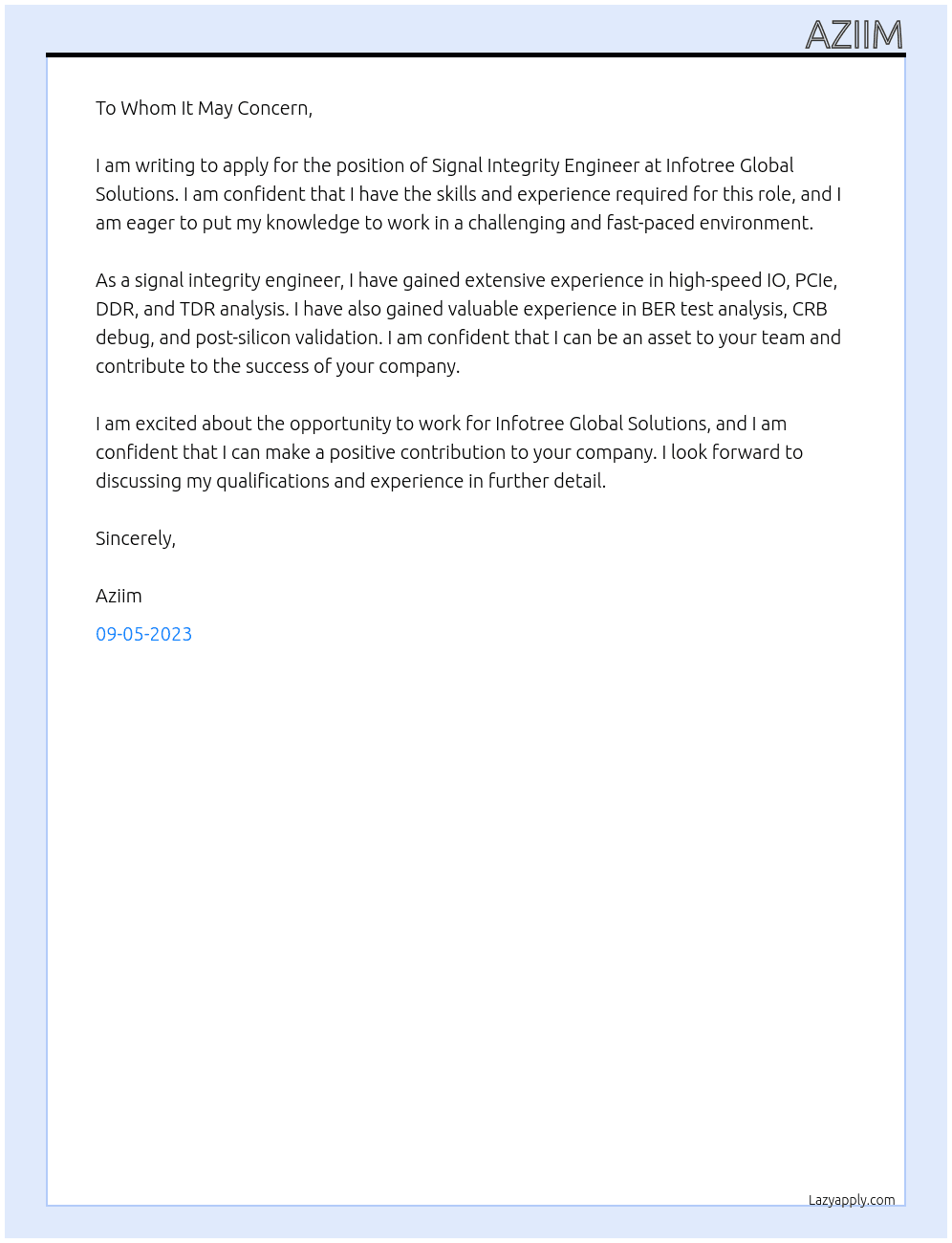signal integrity engineer At Infotree Global Solutions Cover Letter