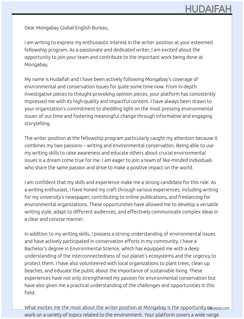 writer At fellowship Cover Letter