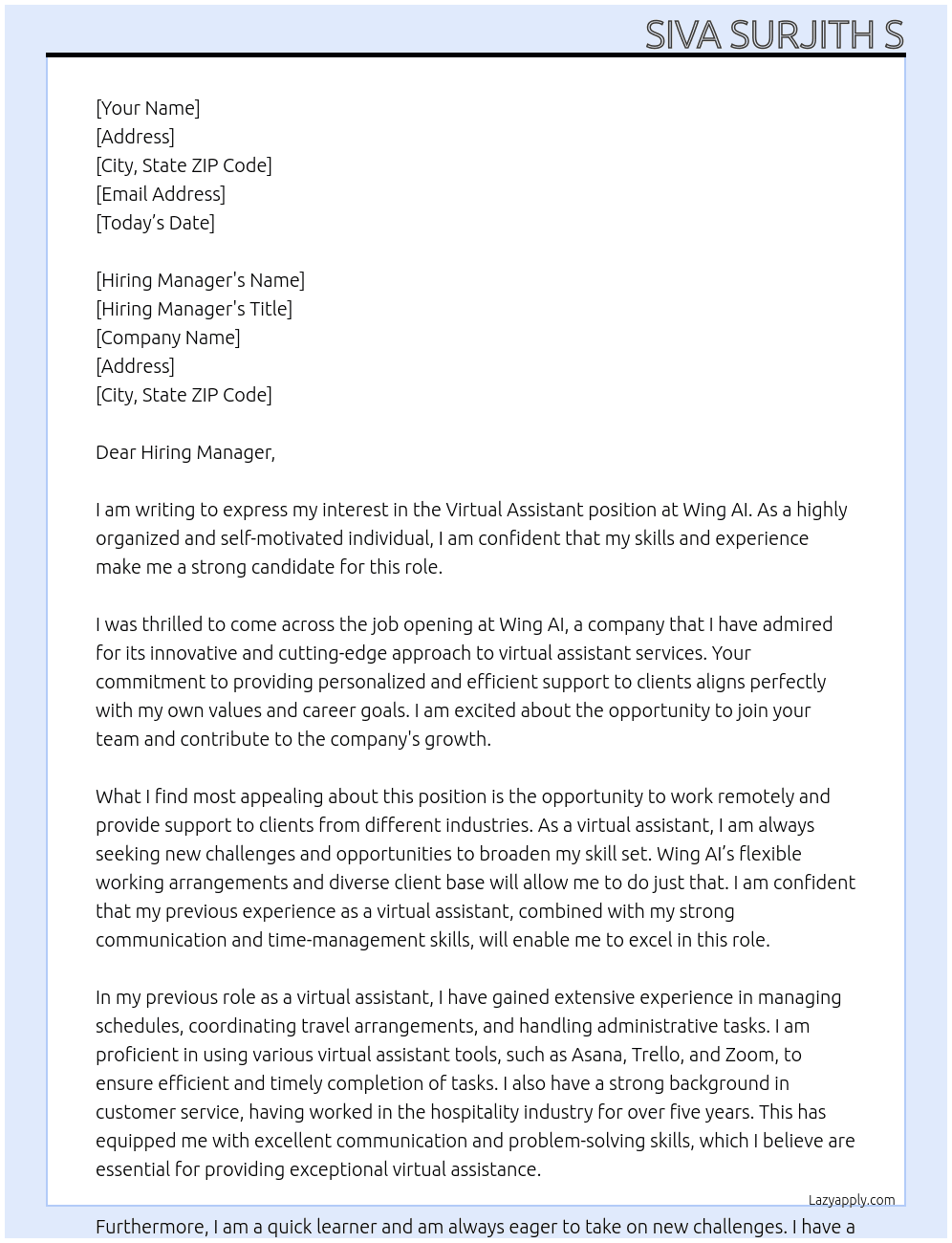 Virtual Assistant At Wing AI Cover Letter