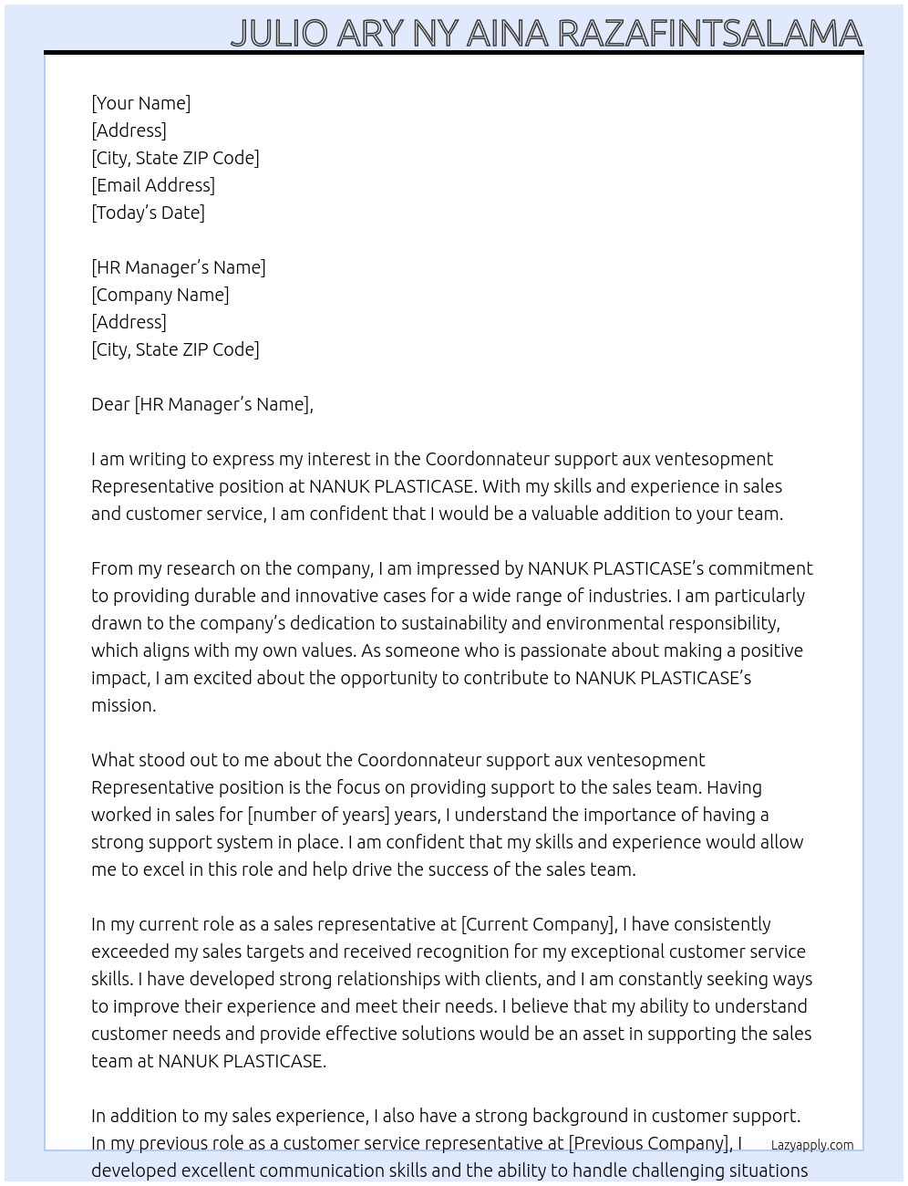  Coordonnateur support aux ventesopment Representative At NANUK PLASTICASE Cover Letter