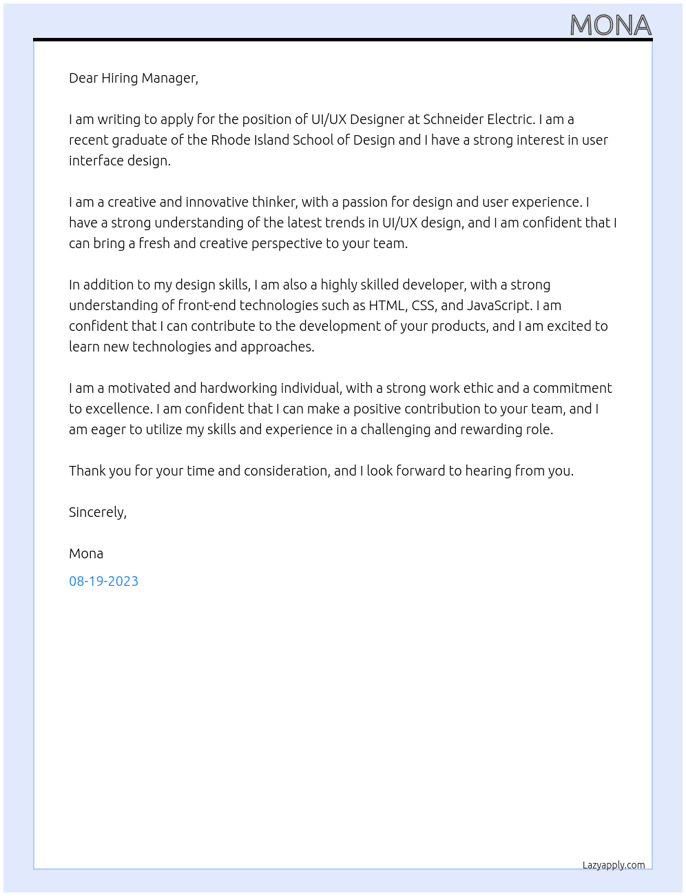 UI/UX Design At Schneider Electric Cover Letter