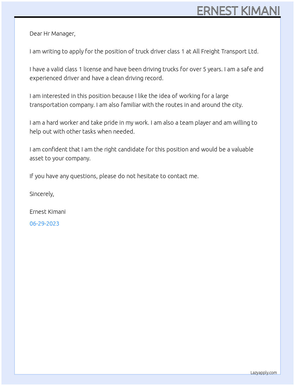 TRUCK DRIVER CLASS 1 At ALL FREIGHT TRANSPORT LTD Cover Letter