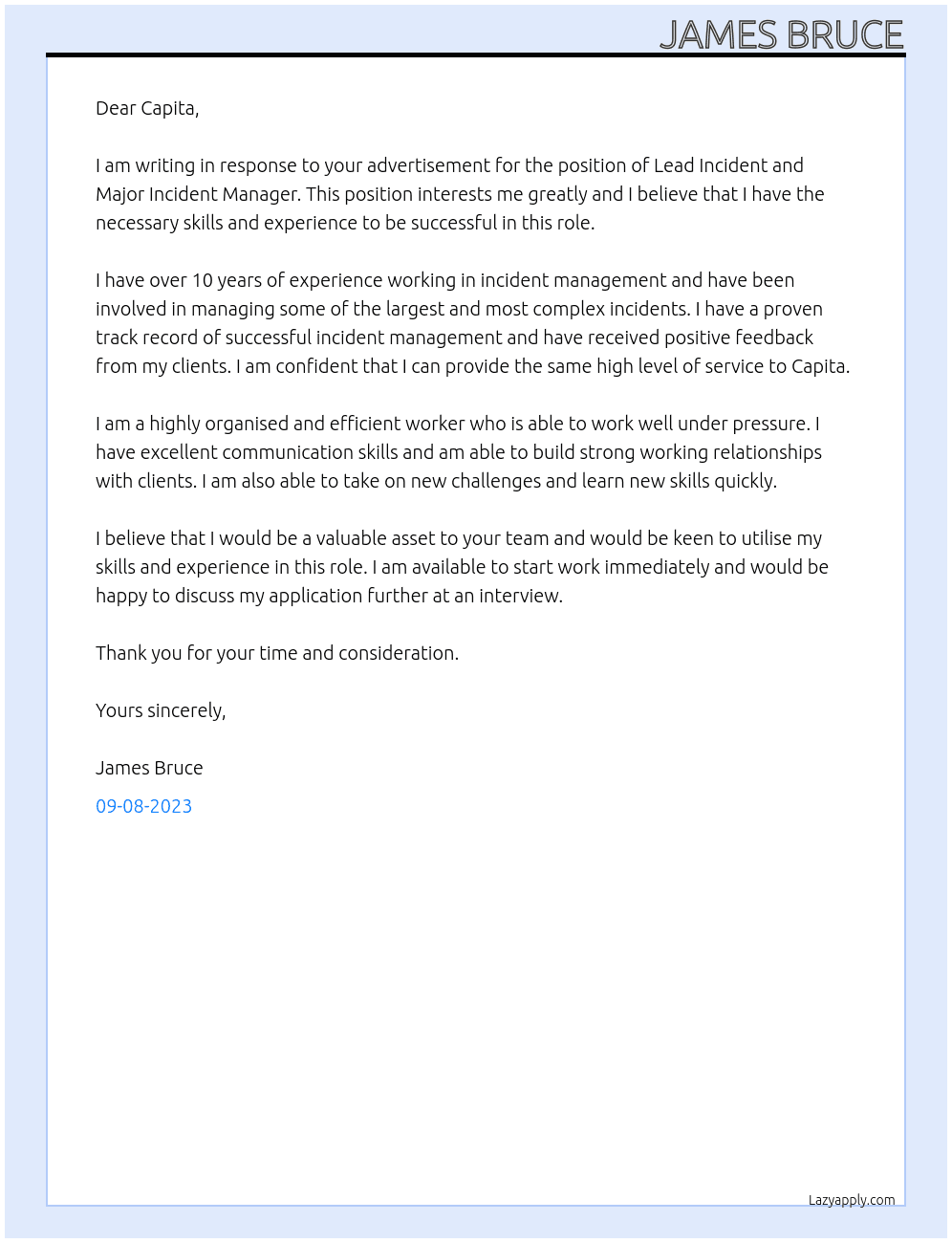 Lead incident and major incident manager  At Capita Cover Letter