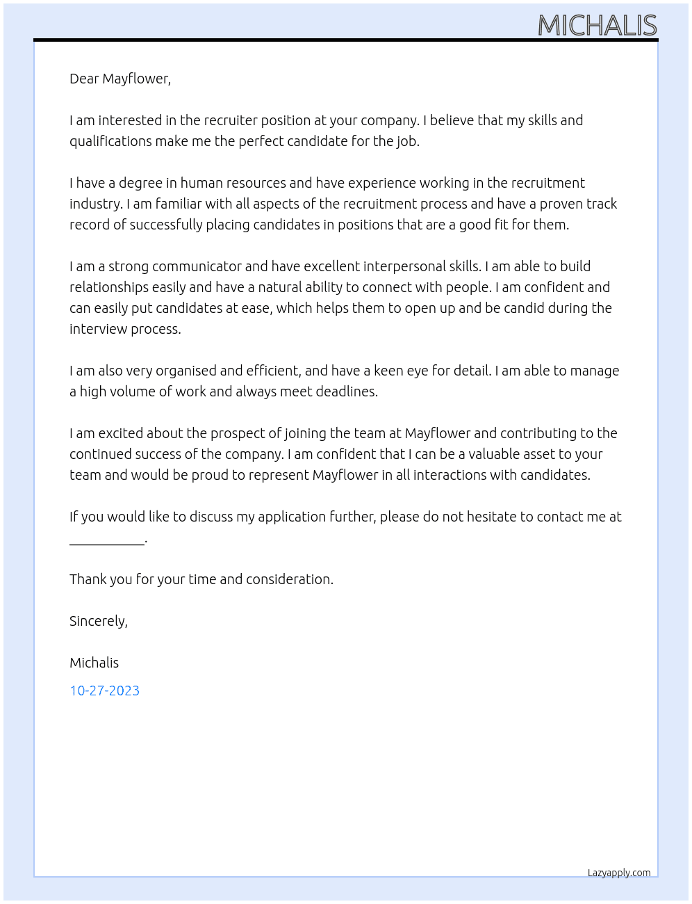 Recruiter At Mayflower Cover Letter