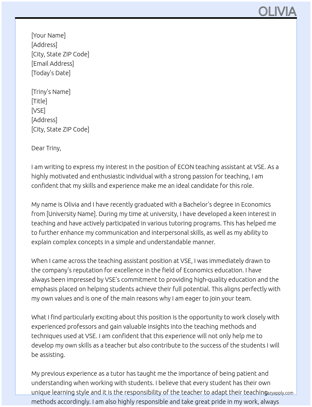 ECON teaching assistant At VSE Cover Letter