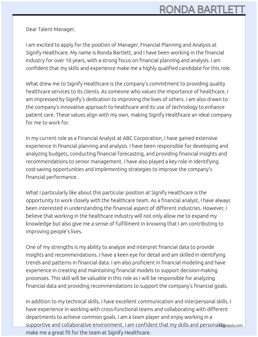 Manager, Financial Planning and Analysis  At Signify Healthcare Cover Letter
