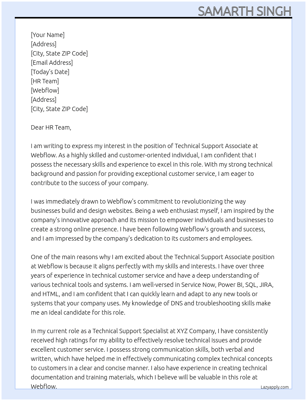 Technical Support Associate At Webflow Cover Letter