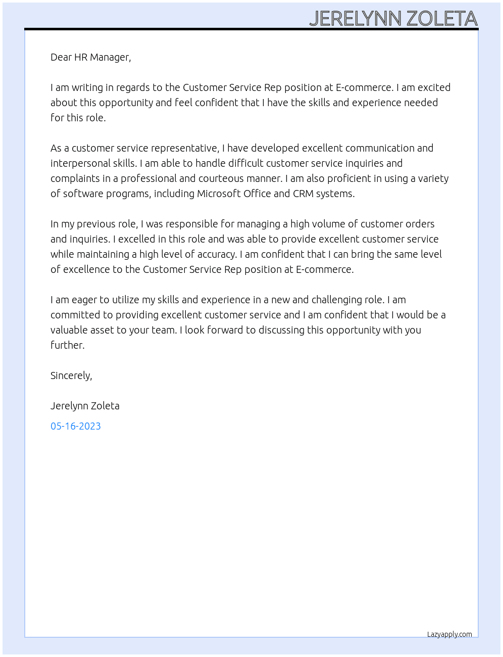 Customer Service Rep At E-commerce Cover Letter