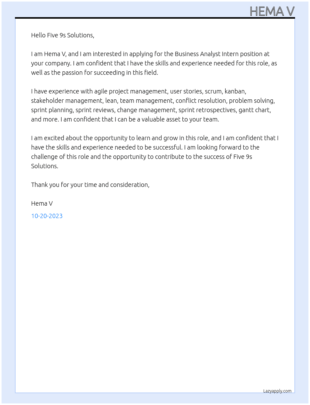 Business Analyst Intern At Five 9s Solutions Cover Letter