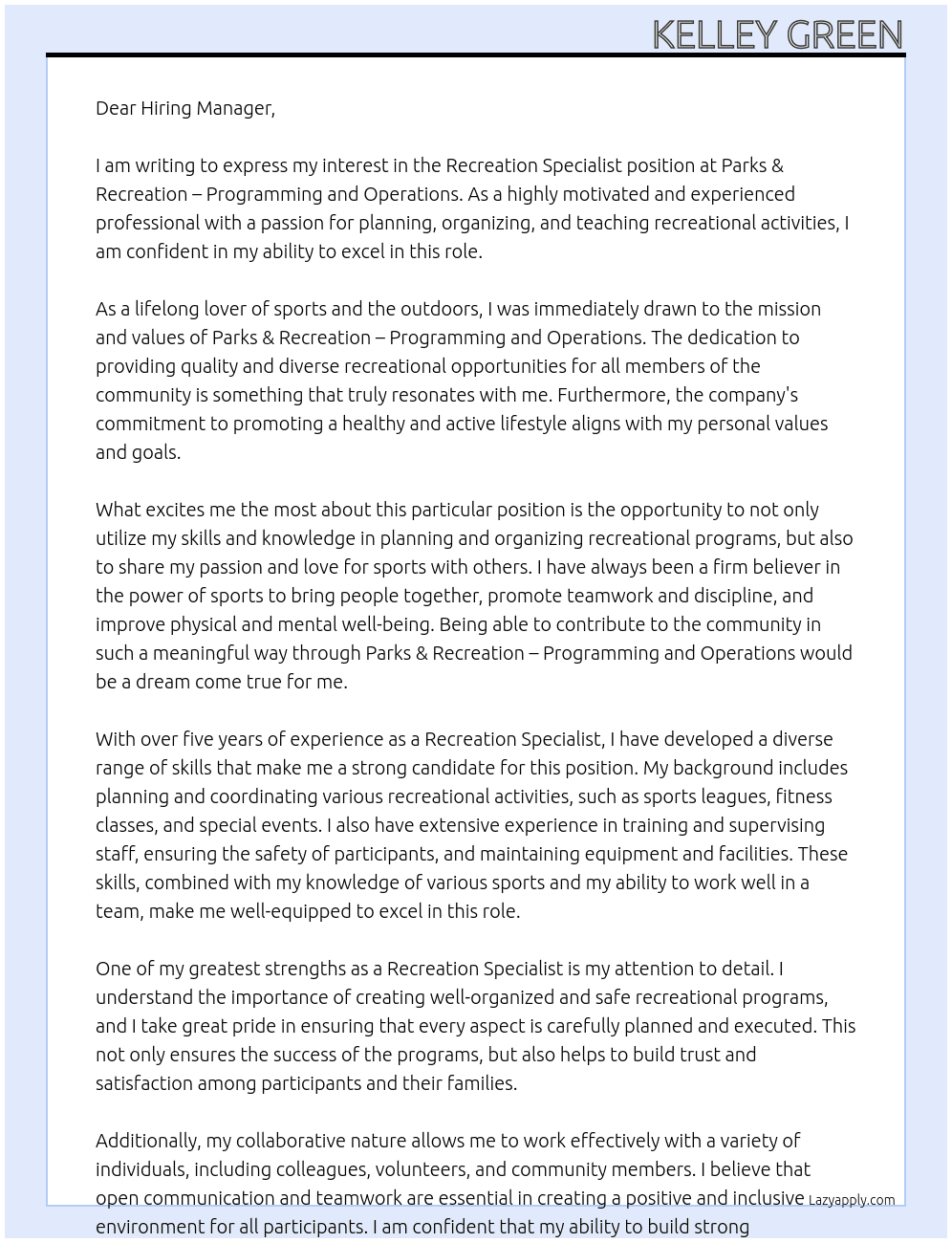 Recreation Specialist At Parks & Recreation - Programming and Operations Cover Letter