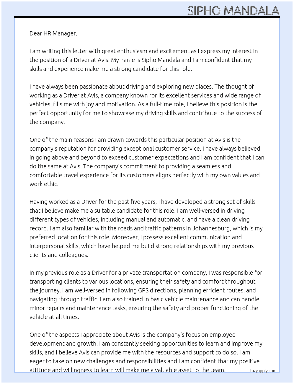 Driver At Avis Cover Letter