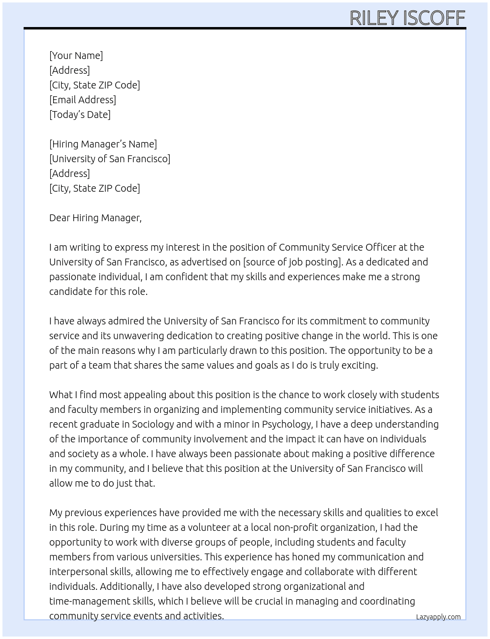 Community Service Officer At University of San Francisco  Cover Letter