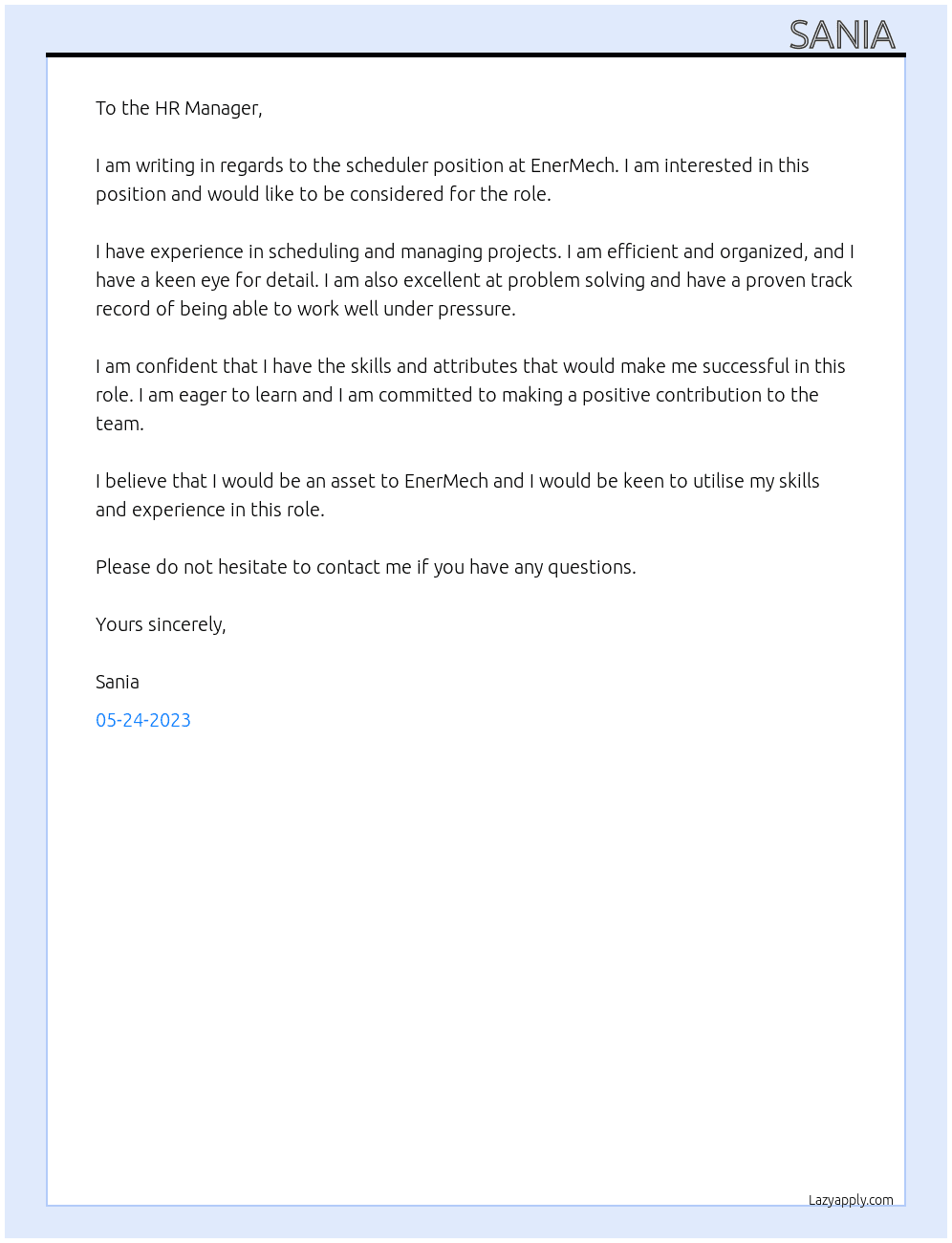 Scheduler At EnerMech Cover Letter