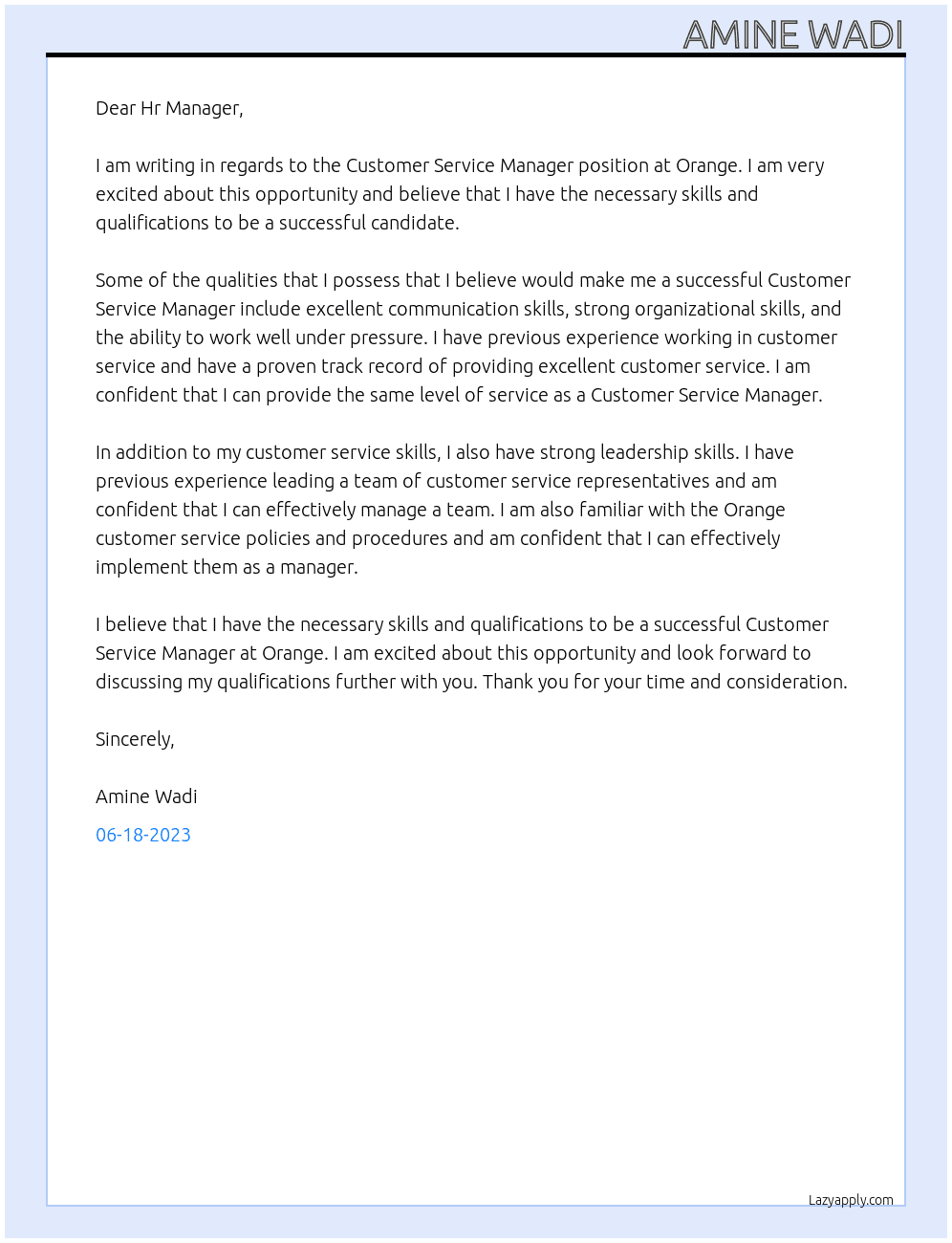 Customer Service Manager At orange Cover Letter
