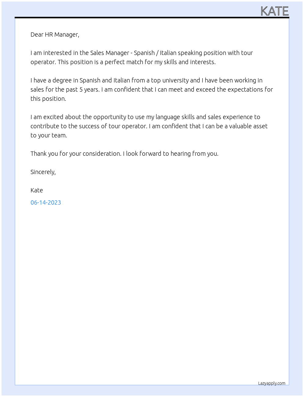 Sales Manager - Spanish / Italian speaking At tour operator Cover Letter