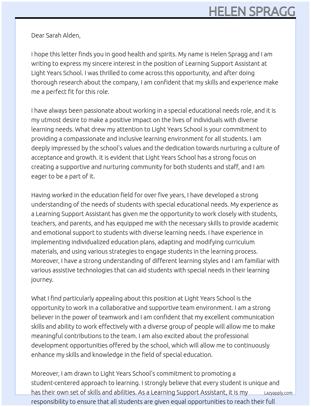 Learning Support Assistant At Light Years School Cover Letter