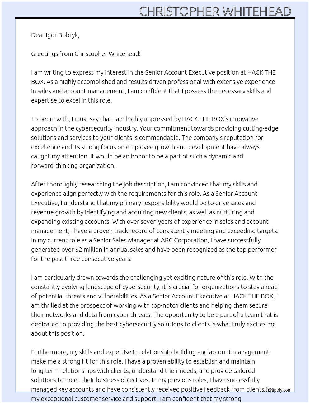 Senior Account Executive  At HACK THE BOX  Cover Letter