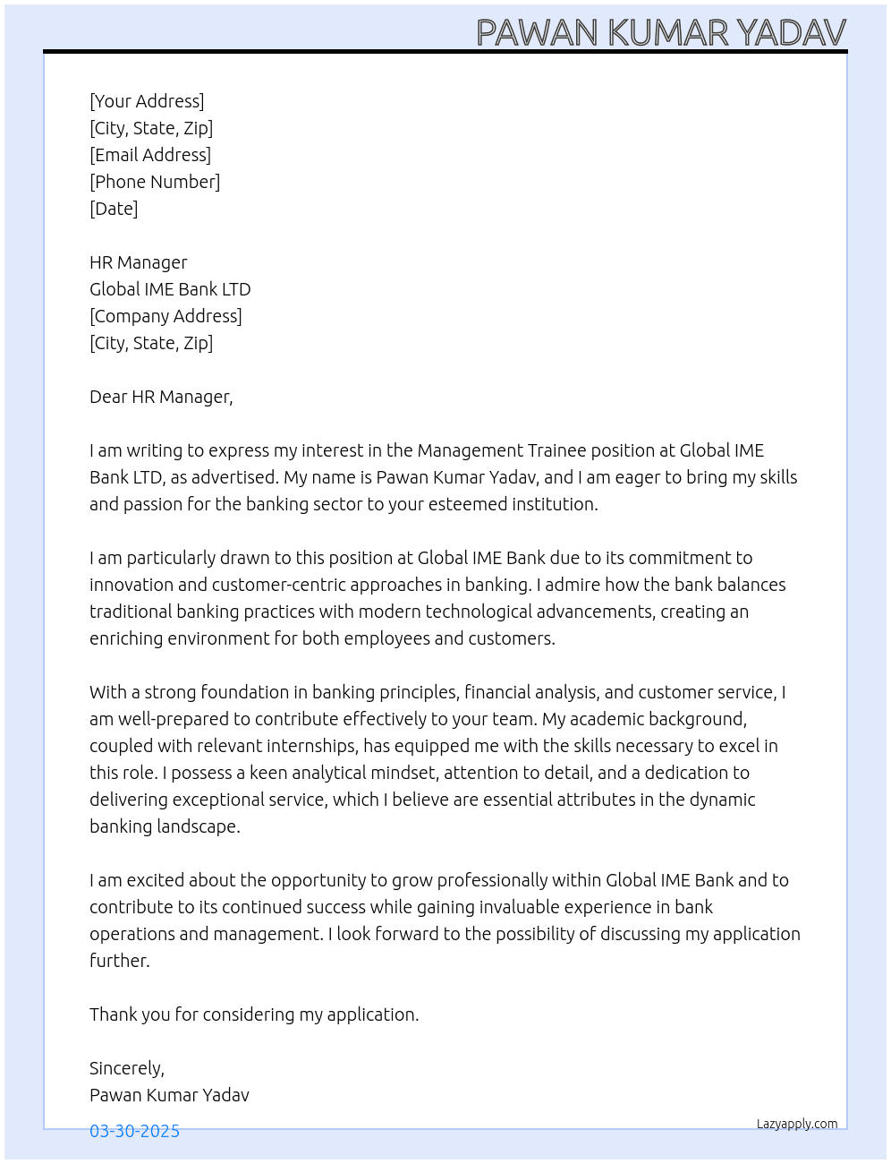 Management trainee At Global IME Bank LTD Cover Letter